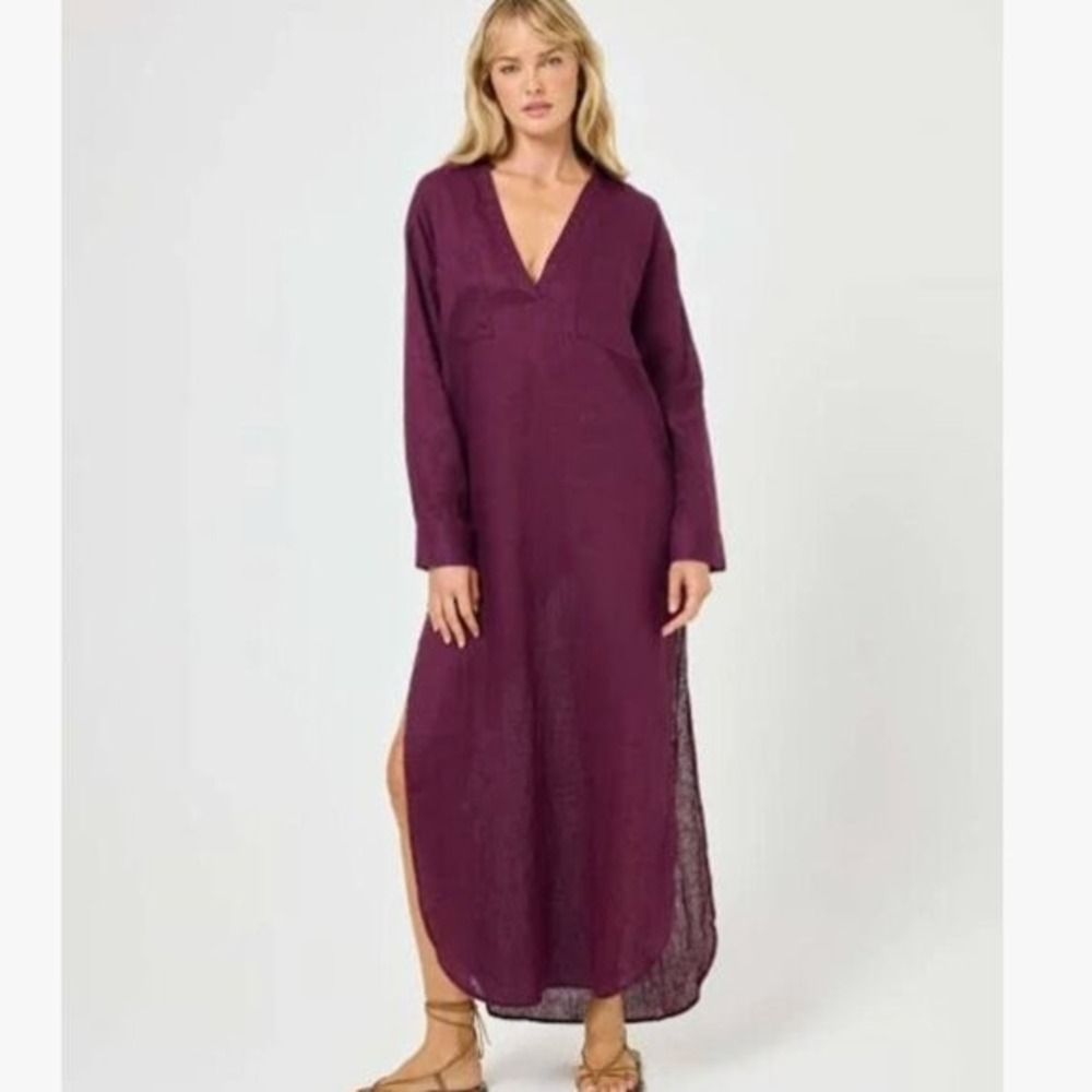 NEW L Space Women 100% Linen Capistrano Tunic Maxi Dress Small Merlot Plum VNeck